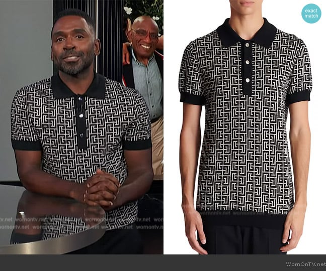 Balmain Monogram Jacquard Polo Shirt worn by Justin Sylvester on E! News