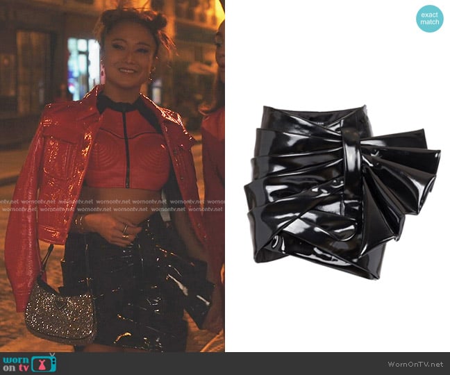 Balmain Vinyl Draped Short Skirt worn by Mindy Chen (Ashley Park) on Emily in Paris