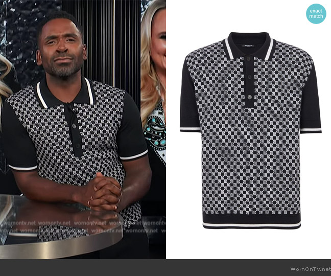 Balmain Monogram Jacquard Short Sleeve Merino Wool Polo Sweater worn by Justin Sylvester on E! News