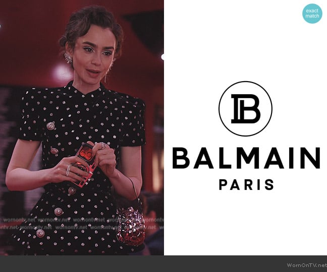 Balmain Velvet Polka Dot Dress worn by Emily Cooper (Lily Collins) on Emily in Paris