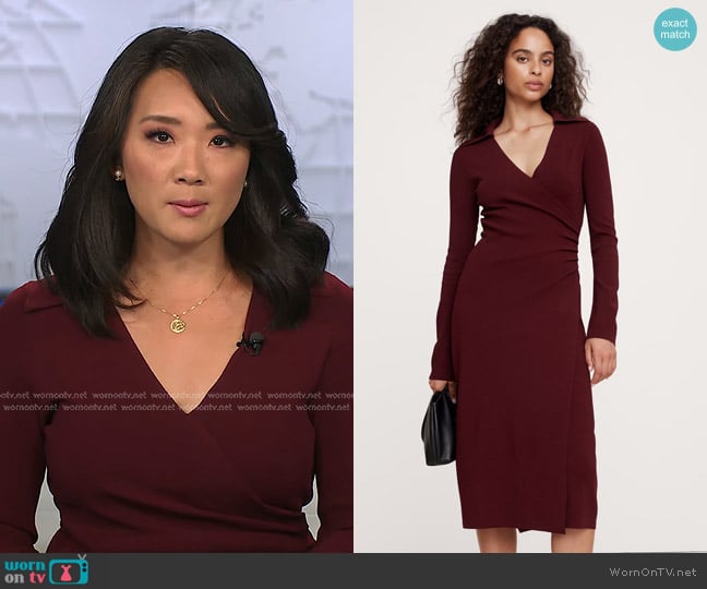 Banana Republic Polo Wrap Sweater Dress in Red Cherry Jam worn by Nancy Chen on CBS Evening News