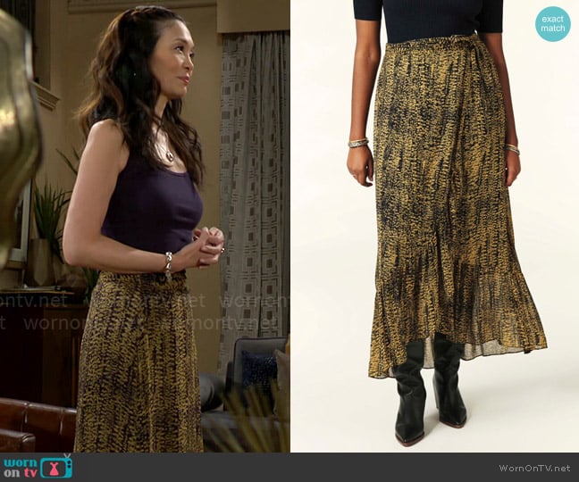 ba&sh Cyrielle skirt worn by Penelope Poppy Nozawa (Romy Park) on The Bold and the Beautiful