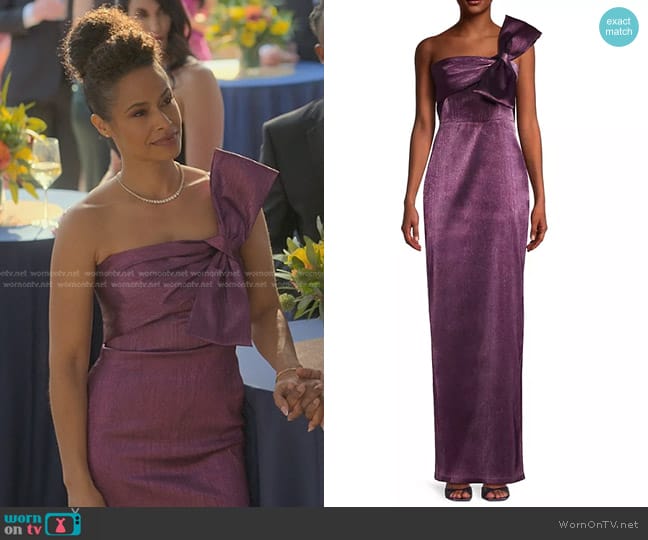 Black Halo Bisella Satin One-Shoulder Gown in Purple Passion worn by Shanelle Tucker (Shannon Kane) on Reasonable Doubt