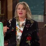 Bonnie’s printed blouse and black embroidered blazer on Days of our Lives