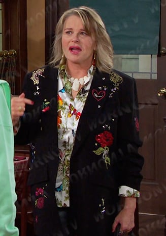 Bonnie's printed blouse and black embroidered blazer on Days of our Lives