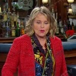 Bonnie’s printed tie neck blouse and red tweed jacket on Days of our Lives