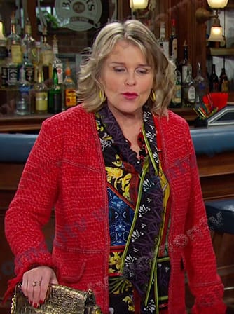 Bonnie's printed tie neck blouse and red tweed jacket on Days of our Lives