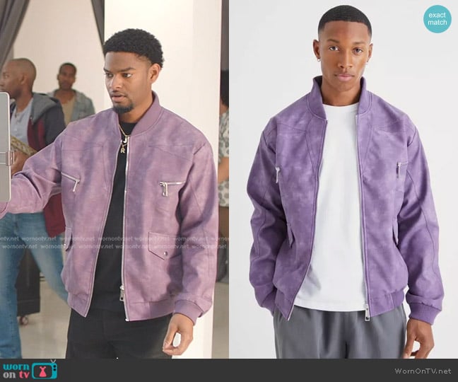 Boohoo Washed PU Panel Detail Bomber in Purple worn by JR (Sylvester Powell) on All American Homecoming