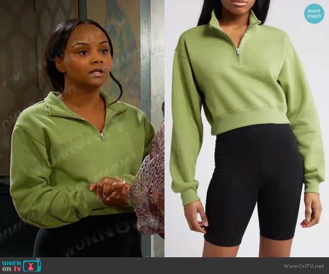 BP Quarter Zip Sweatshirt in Green worn by Chanel Dupree (Raven Bowens) on Days of our Lives