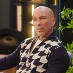 Brett’s navy and white print zip jacket on Selling Sunset