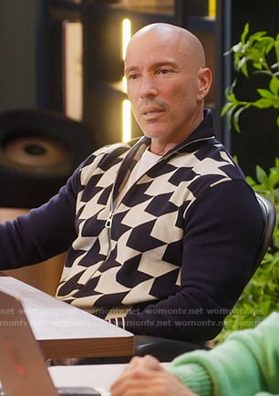 Brett's navy and white print zip jacket on Selling Sunset