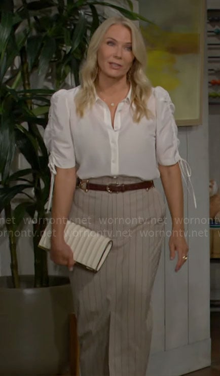 Brooke’s white ruched sleeve top and pinstripe skirt on The Bold and the Beautiful