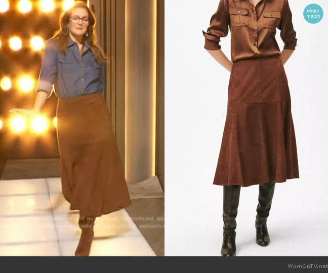 Brooks Brothers Fluted Hem Skirt in Suede worn by Drew Barrymore on The Drew Barrymore Show