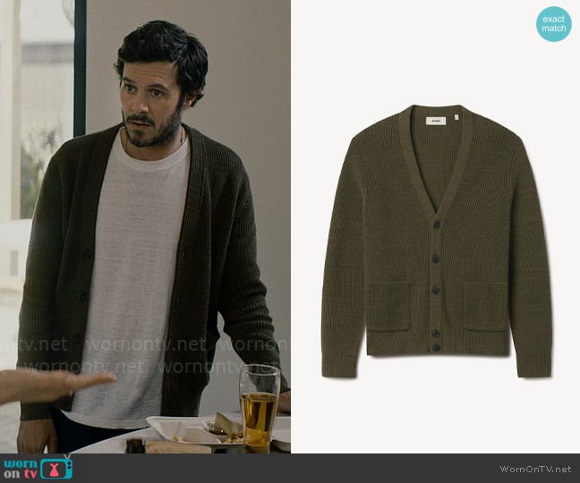 Buck Mason Seafarer Cotton Rib Cardigan in Dark Tanker worn by Noah (Adam Brody) on Nobody Wants This