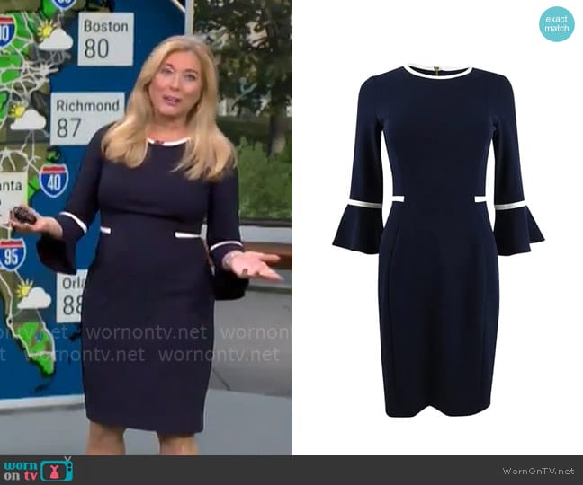 Calvin Klein Bell Sleeve Dress with Contrast Piping worn by Kelly Cass on CBS Mornings