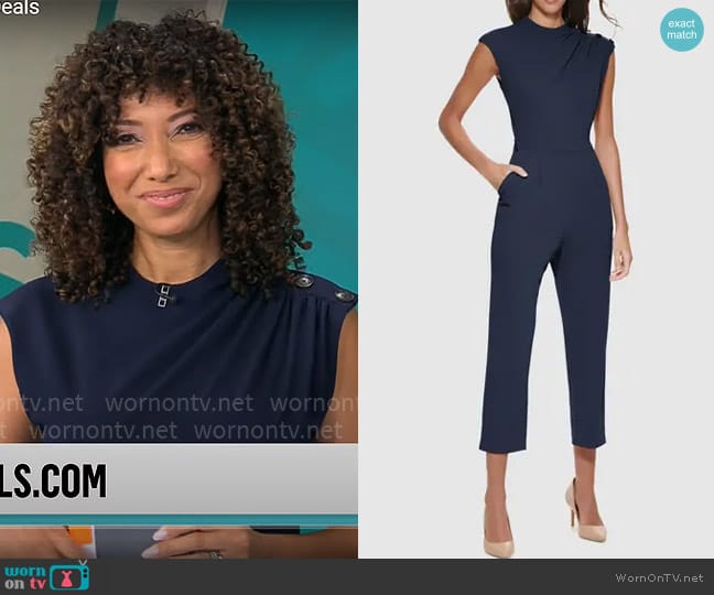 Calvin Klein Mock Neck Button Jumpsuit in Indigo worn by Gabrielle Kerr on CBS Mornings