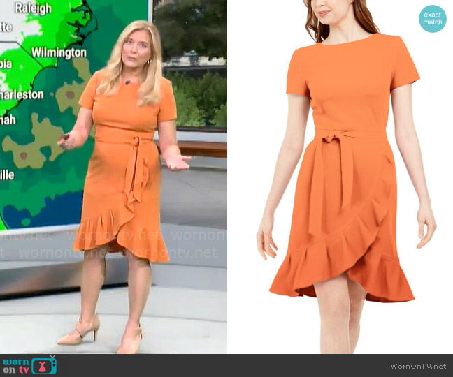 Calvin Klein Ruffled Tulip-Hem Crepe Dress worn by Kelly Cass on CBS Mornings