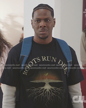 Cam's black Roots Run Deep print tee on All American Homecoming