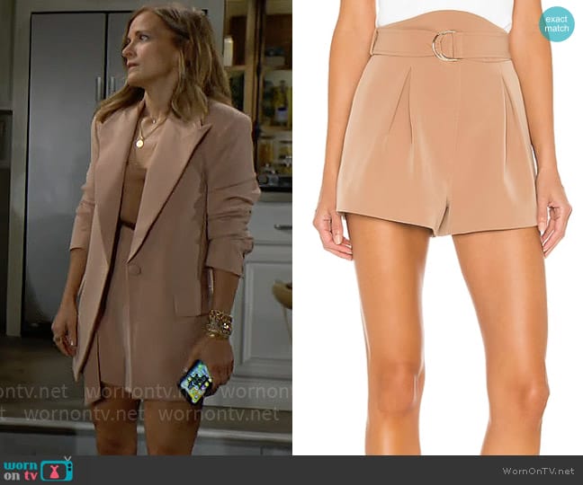 Camila Coelho Maricela Short in Nude Toffee worn by Taylor Hayes (Rebecca Budig) on The Bold and the Beautiful