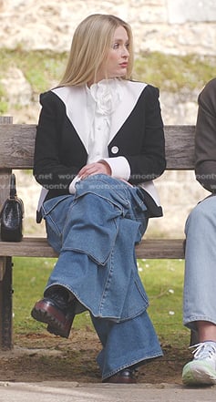 Camille's white rosette shirt and black colorblock blazer on Emily in Paris