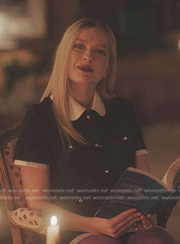 Camille's black contrast top and mini skirt on Emily in Paris