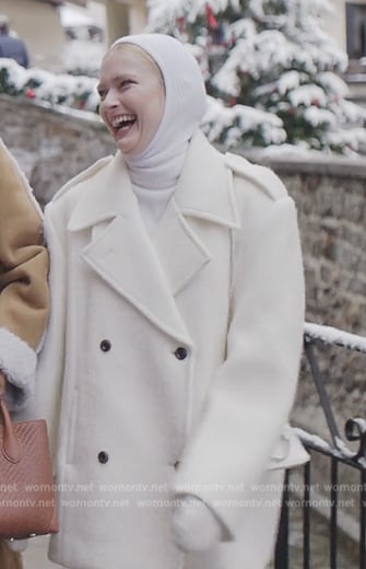 Camille's white double breasted coat on Emily in Paris