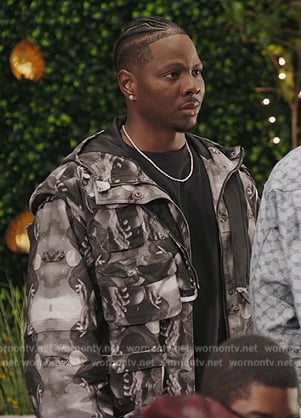 Cam's black tie dye print utility jacket on All American Homecoming