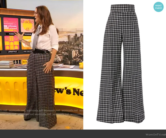 Carolina Herrera Plaid-print wide-leg trousers worn by Drew Barrymore on The Drew Barrymore Show