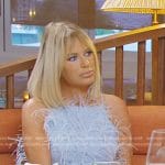 Caroline’s light blue feather trim dress on The Real Housewives of Dubai