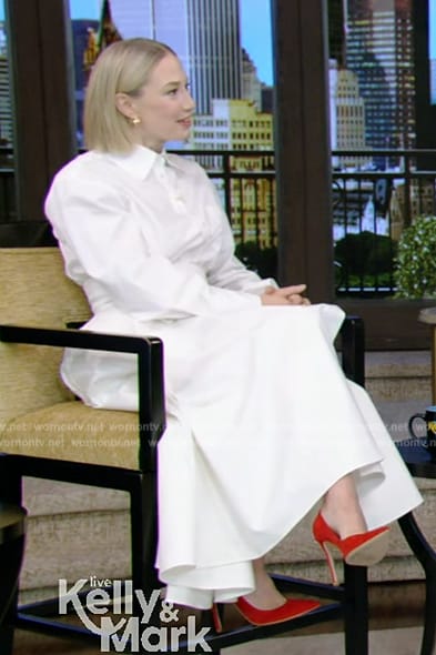 Carrie Coon's white blouse and skirt on Live with Kelly and Mark