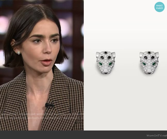 Cartier Panthere De Cartier Earrings worn by Lily Collins on The Kelly Clarkson Show