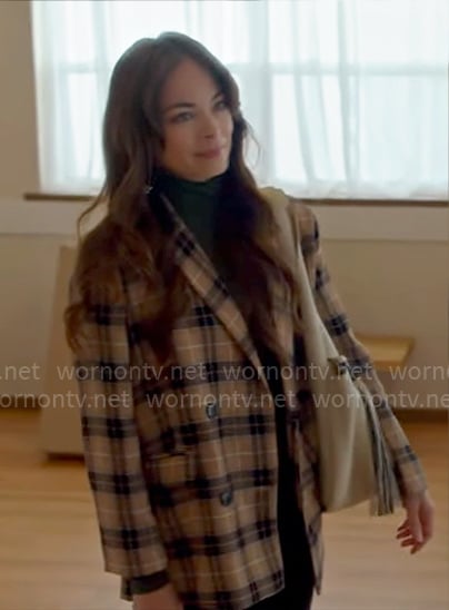 Cassandra's camel plaid jacket on Murder in a Small Town