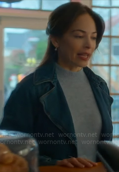 Cassandra’s denim trench coat on Murder in a Small Town