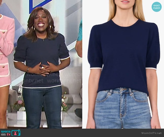 CeCe Contrast Edge Puff Sleeve Cotton Sweater worn by Sheryl Underwood on The Talk