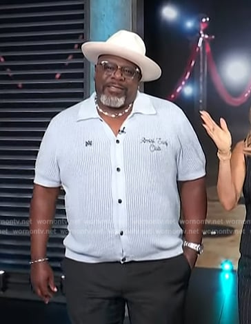 Cedric the Entertainer's blue knit shirt on Access Hollywood