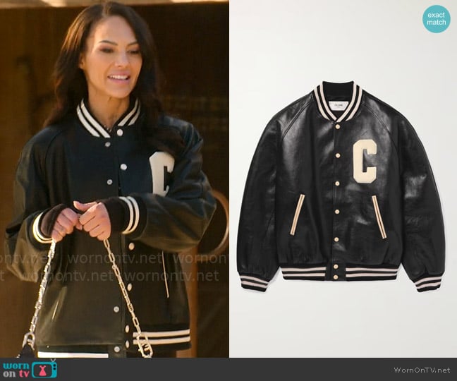 Celine Homme Teddy Logo-Appliquéd Leather Bomber Jacket worn by Amanza Smith on Selling Sunset