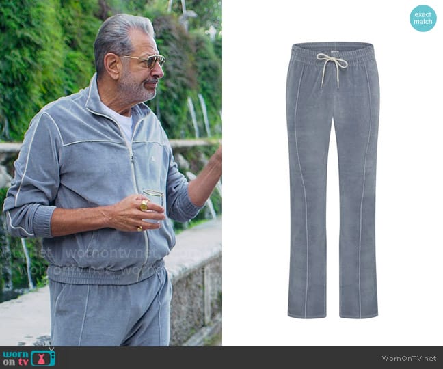 Celine Triomphe flared track pants in velvet jersey worn by Zeus (Jeff Goldblum) on Kaos