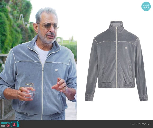 Celine Triomphe tracksuit jacket in velvet jersey worn by Zeus (Jeff Goldblum) on Kaos