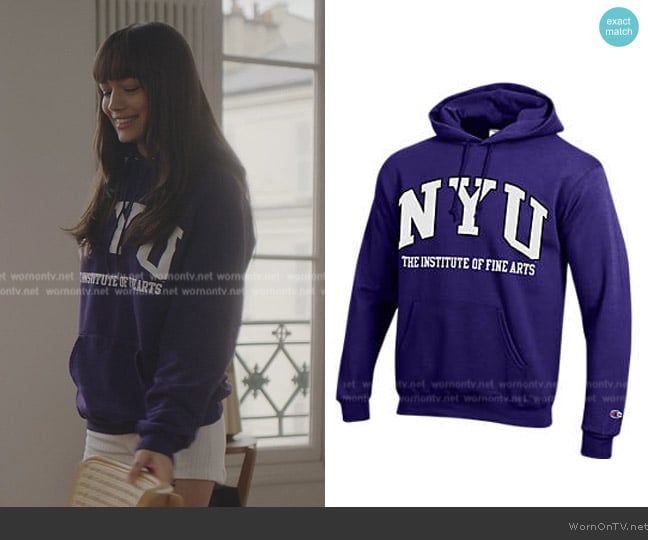 Champion New York University School of Education Hooded Sweatshirt worn by Genevieve (Thalia Besson) on Emily in Paris