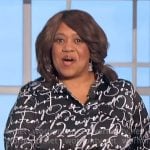 Chandra Wilson’s black writing print shirtdress on The Talk