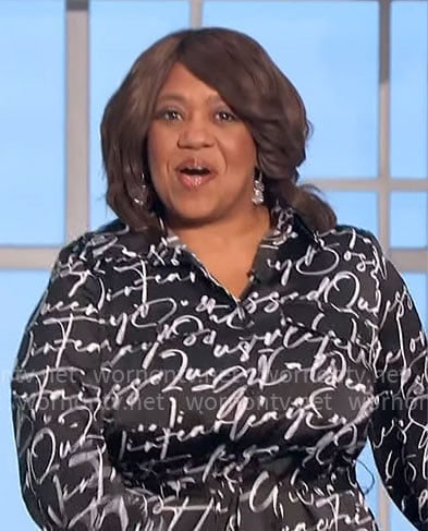 Chandra Wilson's black writing print shirtdress on The Talk