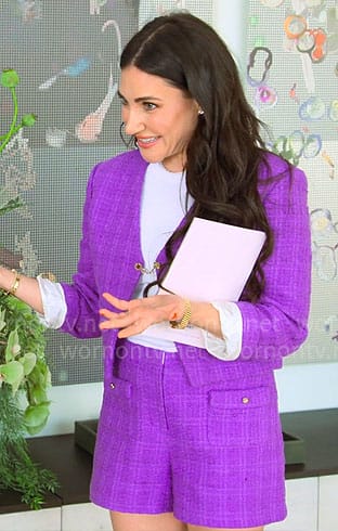 Chloe's purple tweed jacket and shorts set on Owning Manhattan