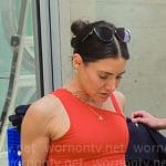 Chloe’s red asymmetric sports bra and bike shorts set on Owning Manhattan