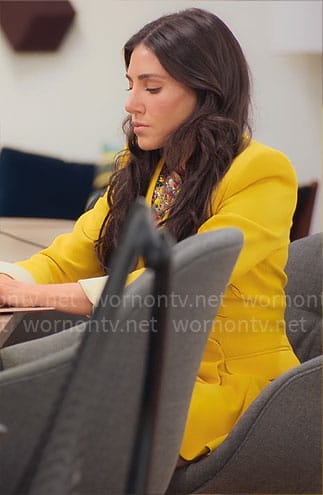 Chloe's yellow blazer dress and multi-color necklace on Owning Manhattan