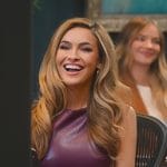 Chrishell’s purple leather sheath dress on Selling Sunset