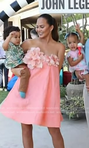 Chrissy Teigen's coral floral applique dress on Access Hollywood