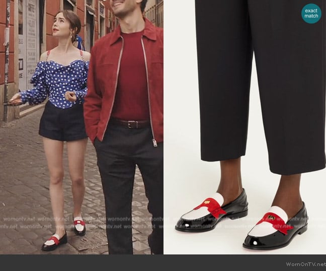 Christian Louboutin Donna Patent Red Sole Penny Loafers worn by Emily Cooper (Lily Collins) on Emily in Paris