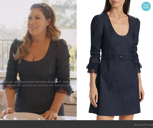 Cinq a Sept Allegra Lace-Trimmed Denim Minidress worn by Emily Simpson on The Real Housewives of Orange County