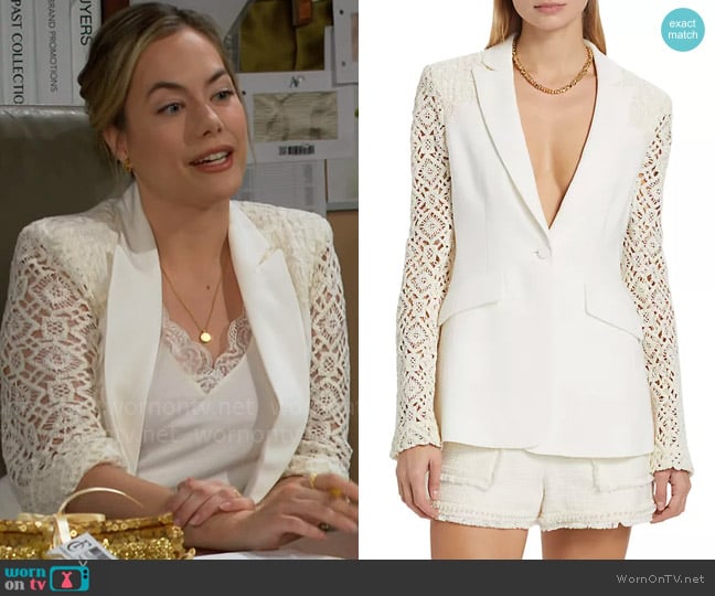 Cinq a Sept Cheyenne Geometric Crochet Blazer worn by Hope Logan (Annika Noelle) on The Bold and the Beautiful