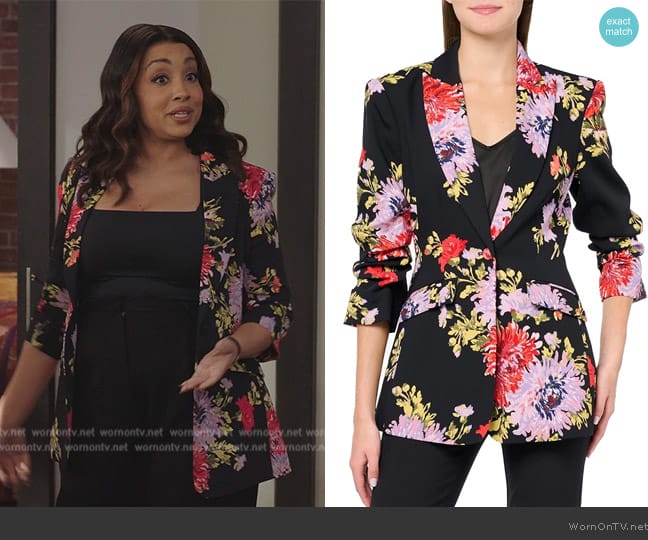 Cinq a Sept Dark Chrysanthemum Scrunched Cheynne Blazer worn by Tina Hicks (Shelli Boone) on All American Homecoming